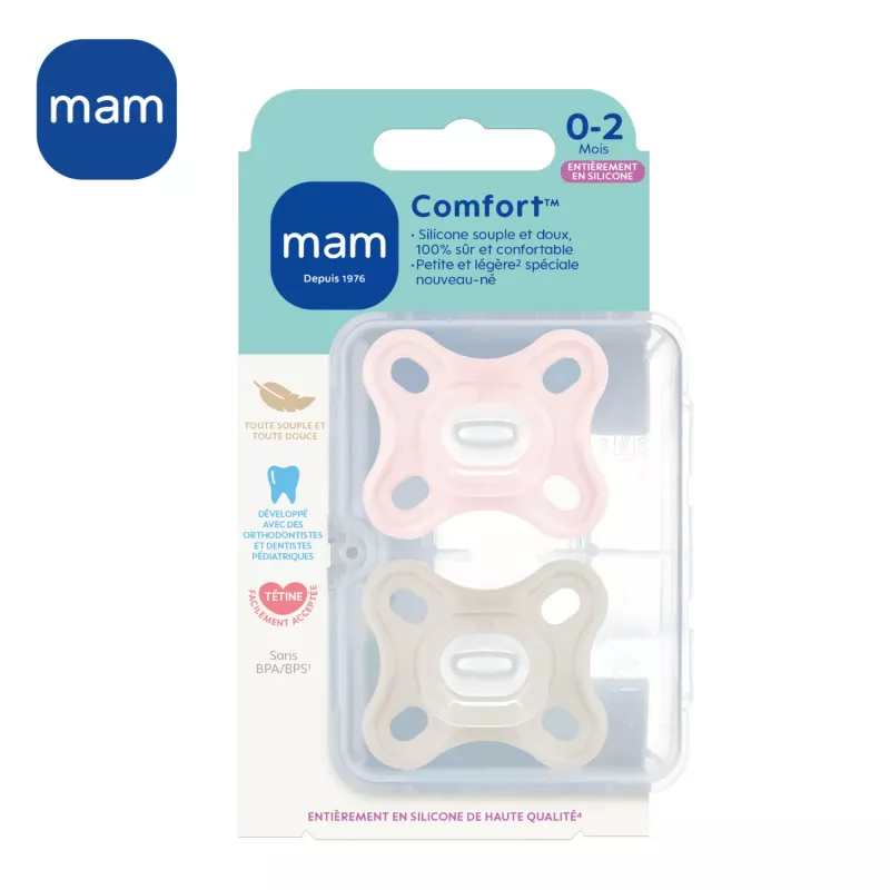 Sucettes naissance en silicone 0+m rose/violet MAM Comfort - X 2