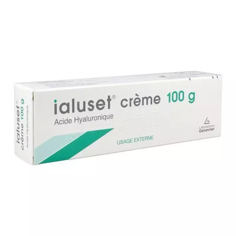 Dos du tube Ialuset Crème montrant les ingrédients et les instructions d'utilisation pour le soin de