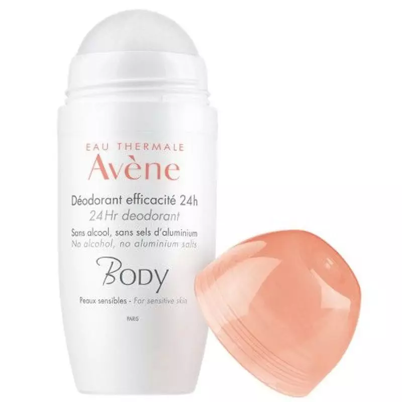 Vue arrière du déodorant roll-on Avène 24h montrant les détails du produit et la liste des ingrédien
