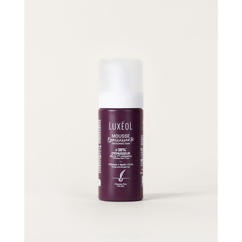 Packshot Mousse Épaississante Luxéol pour cheveux fins 150ml, flacon texture aérienne volumisante en
