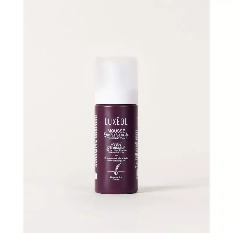 Packshot Mousse Épaississante Luxéol pour cheveux fins 150ml, flacon texture aérienne volumisante en
