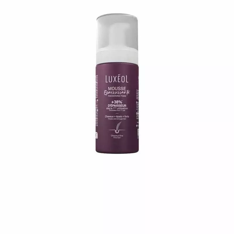 Packshot Luxéol Mousse Épaississante pour cheveux fins 150 ml, flacon aérosol blanc étiqueté, fond n