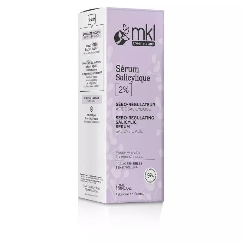 Packshot du Sérum MKL à l'acide salicylique 2% - 30ml, flacon compte-gouttes en verre transparent av