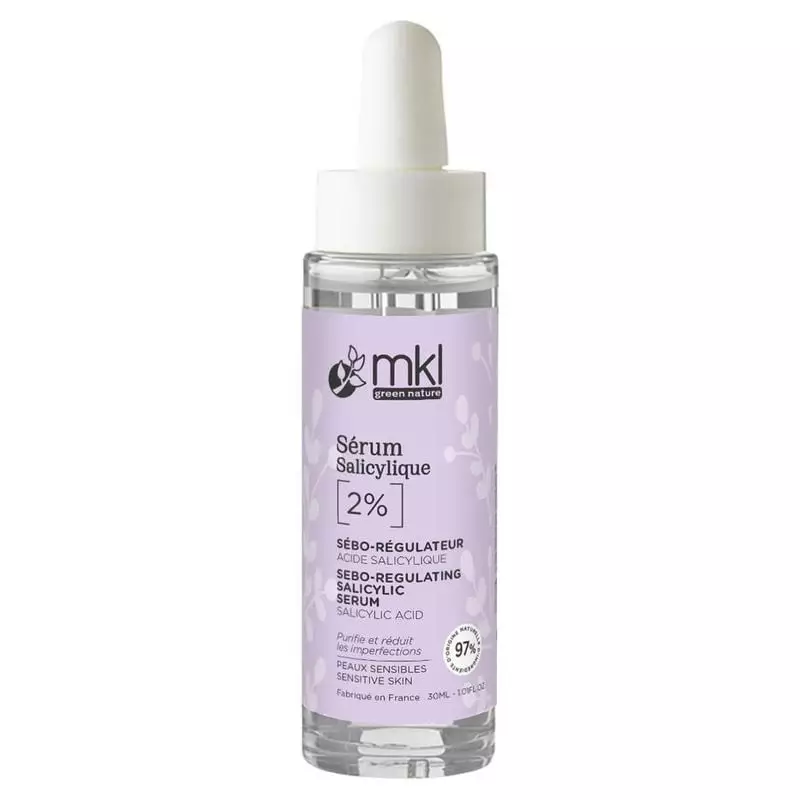 Packshot du Sérum à l'acide salicylique 2% MKL - 30ml, flacon compte-gouttes transparent avec étique