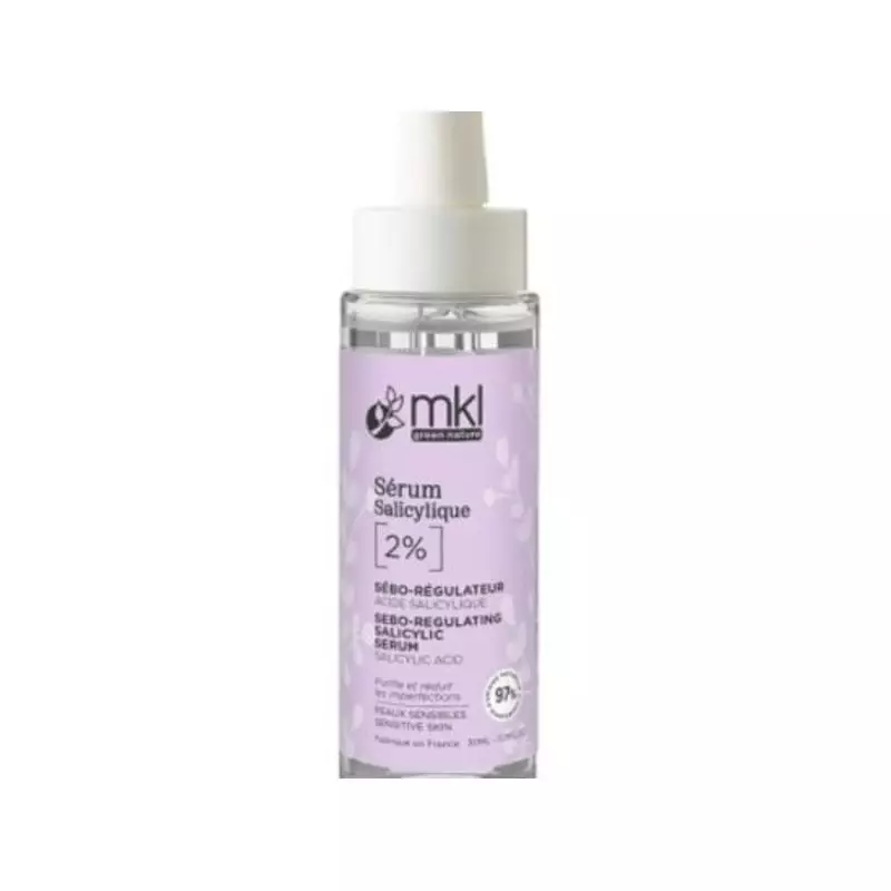 Packshot du flacon MKL Sérum à l'acide salicylique 2% - 30ml, compte-gouttes précis, étiquette soin 