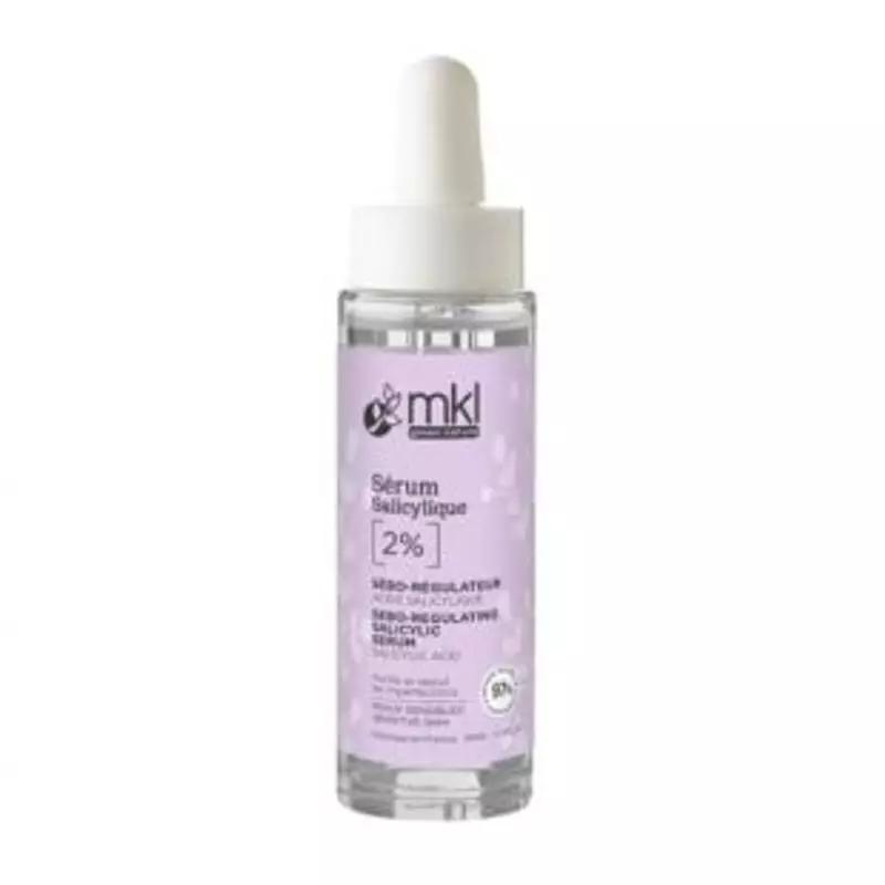 Packshot du Sérum MKL à l'acide salicylique 2% - 30ml, flacon compte-gouttes transparent avec étique
