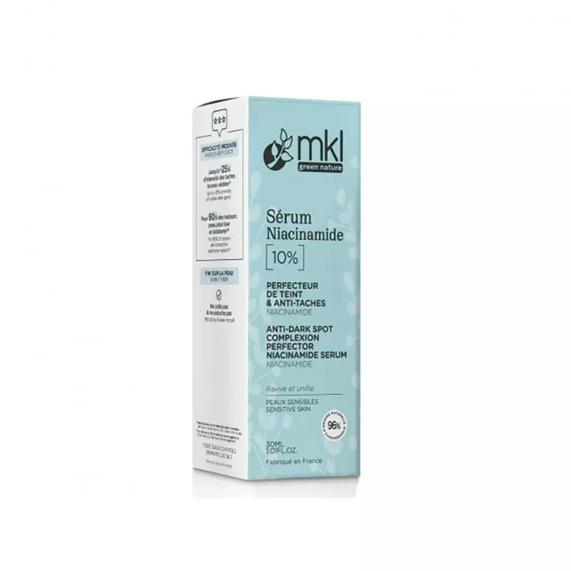 Packshot du sérum MKL Niacinamide 10% pour peaux sensibles - 30ml, flacon pipette élégant, soin visa