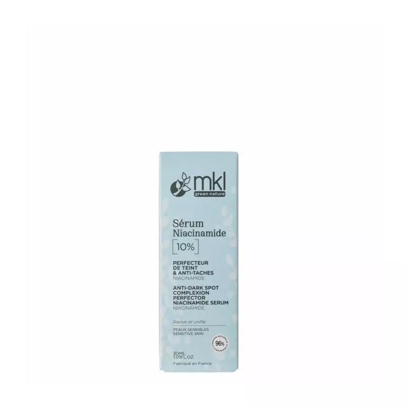 Packshot du Sérum Niacinamide 10% MKL pour peaux sensibles - 30ml, flacon pipette en verre avec étiq