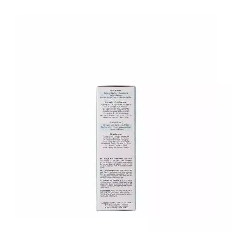 Packshot du sérum MKL Niacinamide 10% pour peaux sensibles - 30 ml, flacon pipette transparent avec 