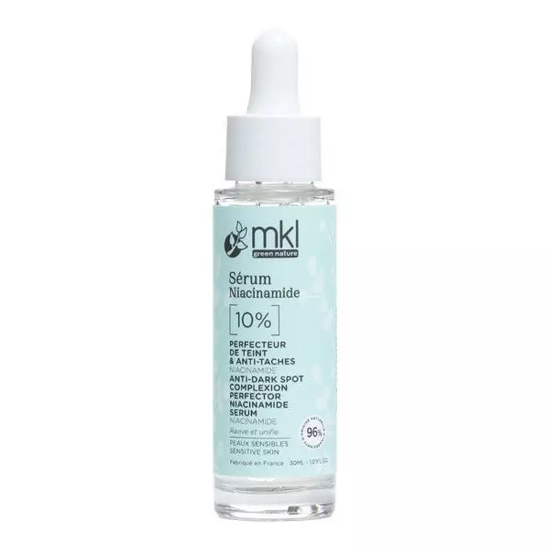 Packshot du Sérum Niacinamide 10% MKL pour peaux sensibles - 30ml, flacon pipette en verre avec étiq