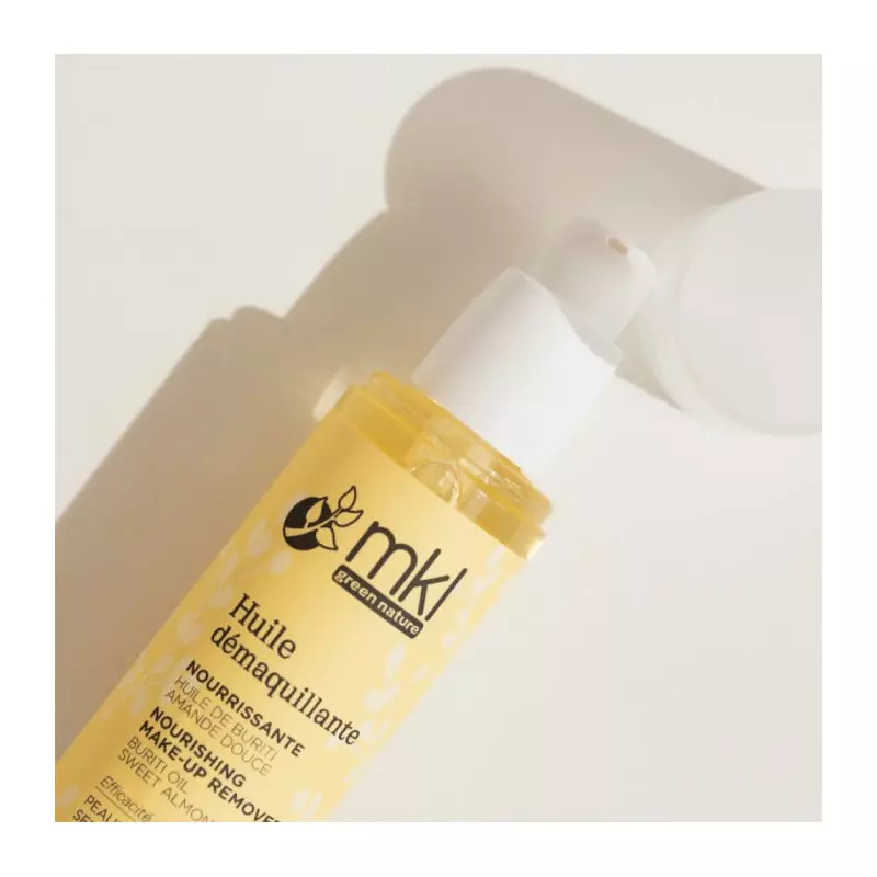 Packshot flacon pompe 100ml MKL Huile Démaquillante Nourrissante aux huiles BIO, huile naturelle dor