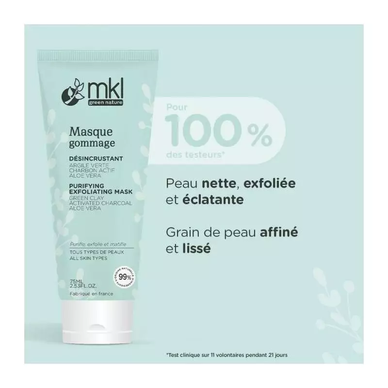Packshot du tube MKL Masque Gommage Désincrustant Bio purifiant 75 ml, soin visage bio à l'argile ve