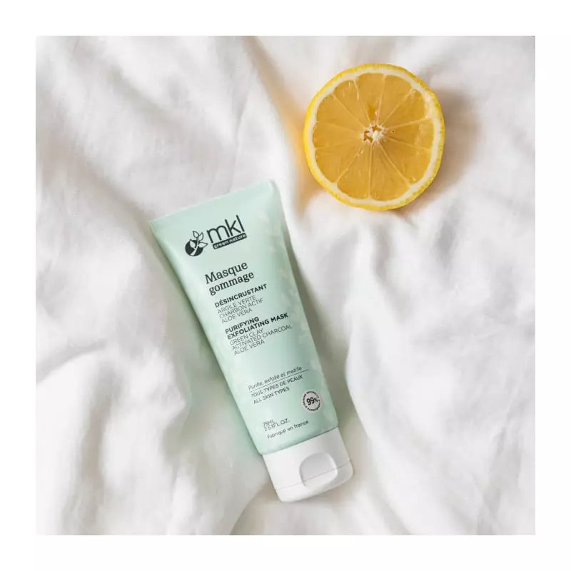 Packshot tube MKL Masque Gommage Désincrustant Bio purifiant - 75ml, soin visage bio à l'argile vert