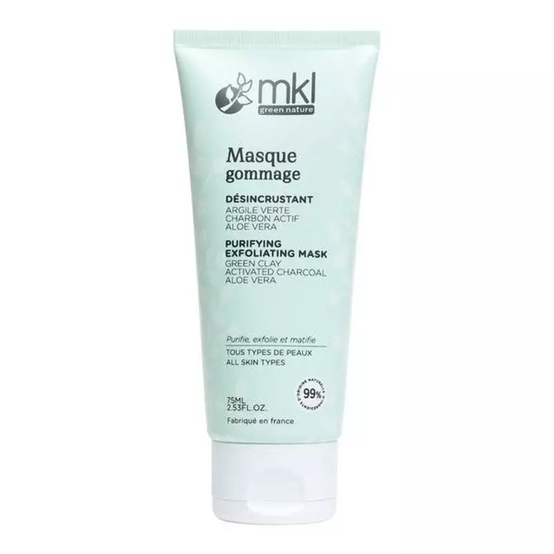 Packshot tube 75 ml MKL Masque Gommage Désincrustant Bio purifiant, soin visage bio exfoliant à l'ar