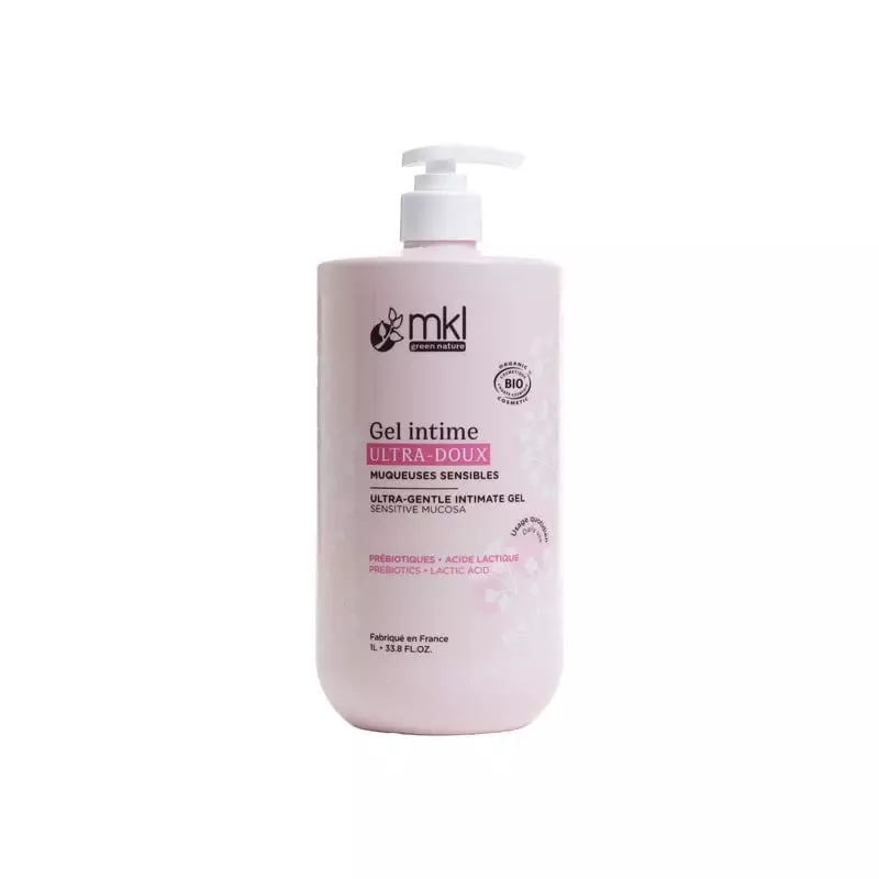 Packshot MKL Green Nature Gel Intime Ultra Doux Bio à l'Aloe Vera - 1L, flacon-pompe vert 1 litre, s