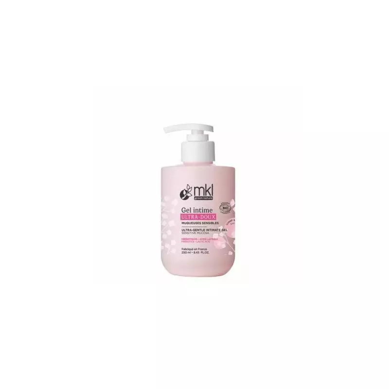 Packshot du MKL Gel Intime Ultra-Doux à l'aloe vera bio et prébiotiques - 250 ml, flacon pompe blanc