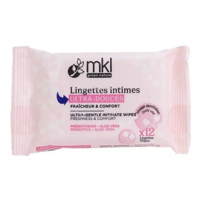 Packshot des lingettes intimes ultra douces MKL à l'aloe vera et prébiotiques x 12, pack pocket pour