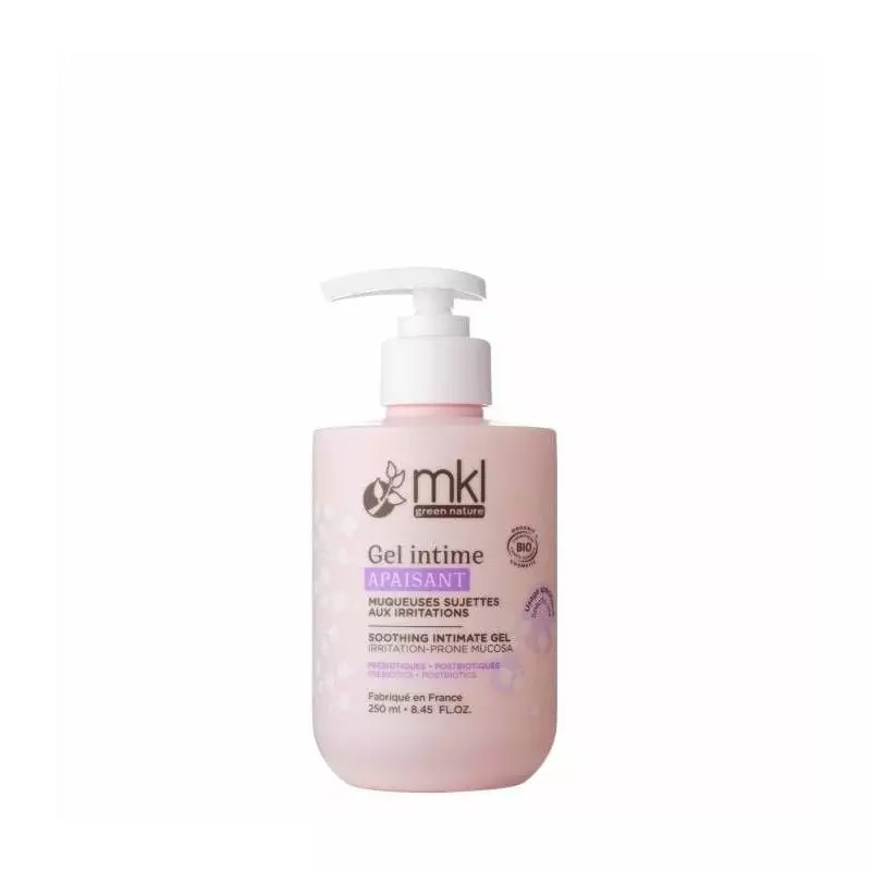 Packshot flacon-pompe 250 ml MKL Gel Intime Apaisant Bio à l'aloe vera et calendula, soin intime apa