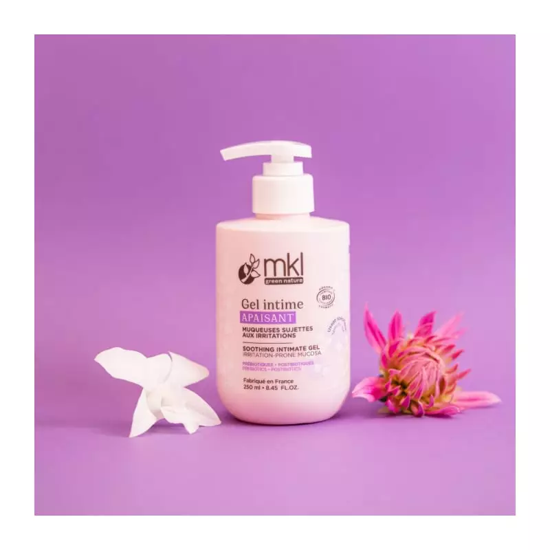 Packshot du Gel Intime Apaisant Bio MKL à l'aloe vera et calendula - 250 ml, flacon-pompe pour muque