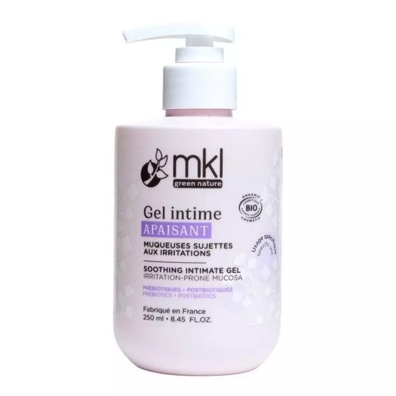Packshot du flacon-pompe MKL Gel Intime Apaisant Bio à l'aloe vera et calendula - 250 ml sur fond bl