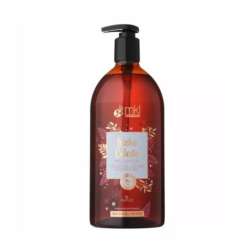 Packshot gel douche MKL Litchi Céleste édition limitée 100 ml, flacon élégant au parfum exotique de 