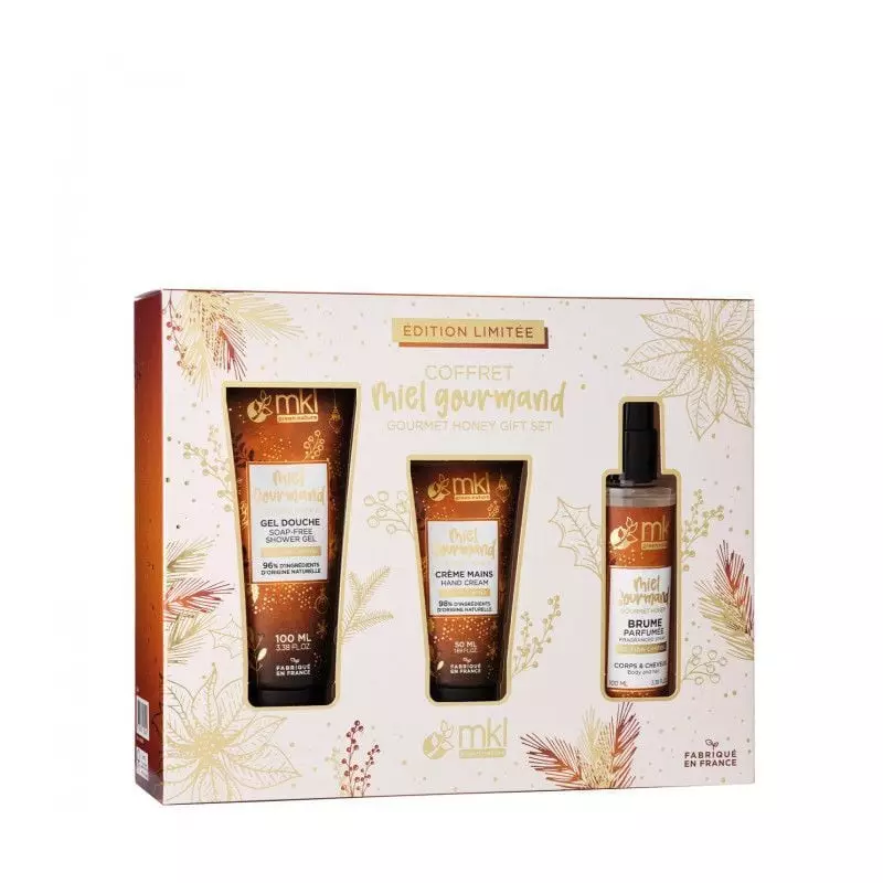 Packshot Coffret MKL Miel Gourmand 3 soins corporels - 100 ml gel douche + 50 ml crème mains + 100 m
