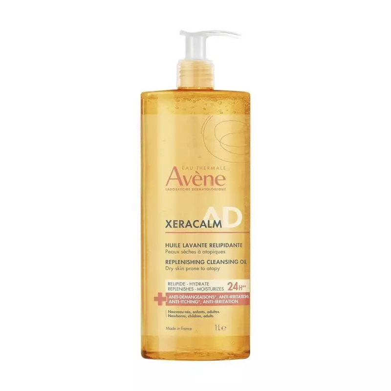 Packshot flacon Avène XeraCalm Huile Lavante sans savon pour peaux atopiques - 1L, soin relipidant p