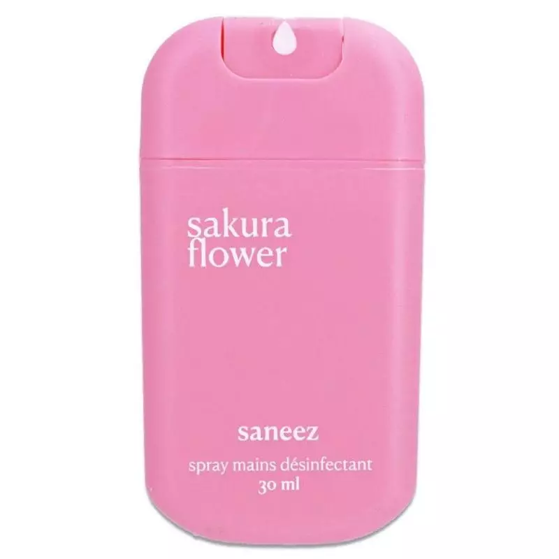 Packshot Saneez Spray Désinfectant Mains Sakura Flower - 30ml, flacon spray compact 30 ml rose flora