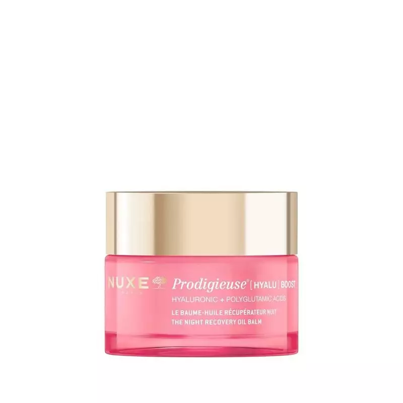 Baume-Huile Prodigieuse Hyalu Boost NUXE en pot rose avec accents dorés, vue avant montrant acide hy