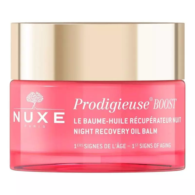 Gros plan sur le couvercle rose et l'étiquette du pot NUXE Prodigieux BOOST, mettant en avant 'Le Ba