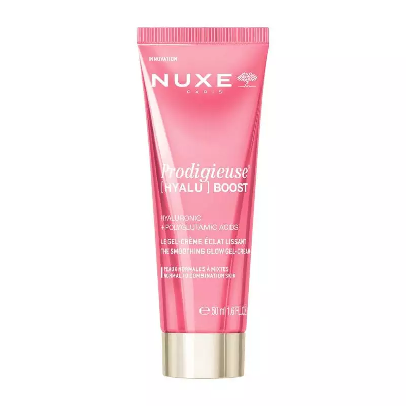 Tube rose NUXE Prodigieuse Hyalu Boost Gel-Crème Éclat Lissant, bouchon doré, vue avant avec nom pro