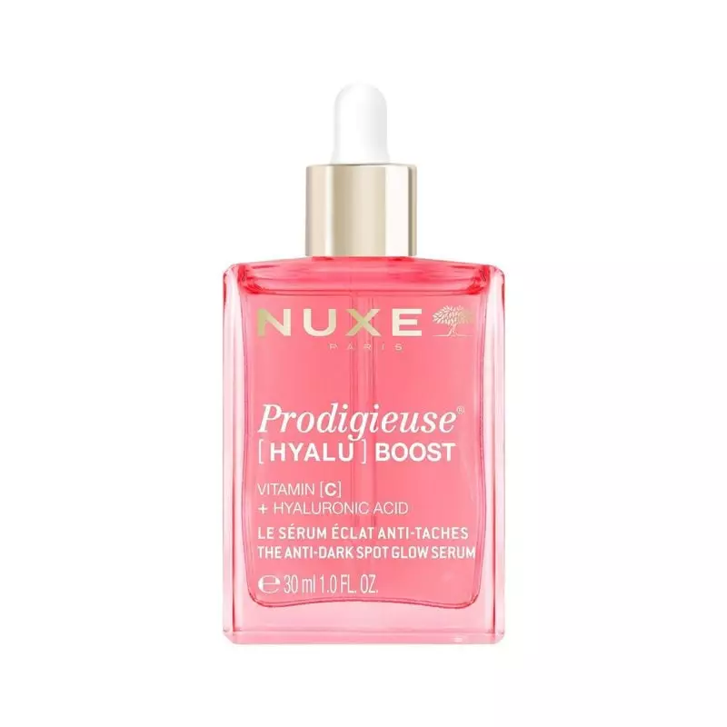Sérum Éclat Anti-Taches Prodigieuse Hyalu-Boost NUXE en flacon rose avec pipette dorée, enrichi en V