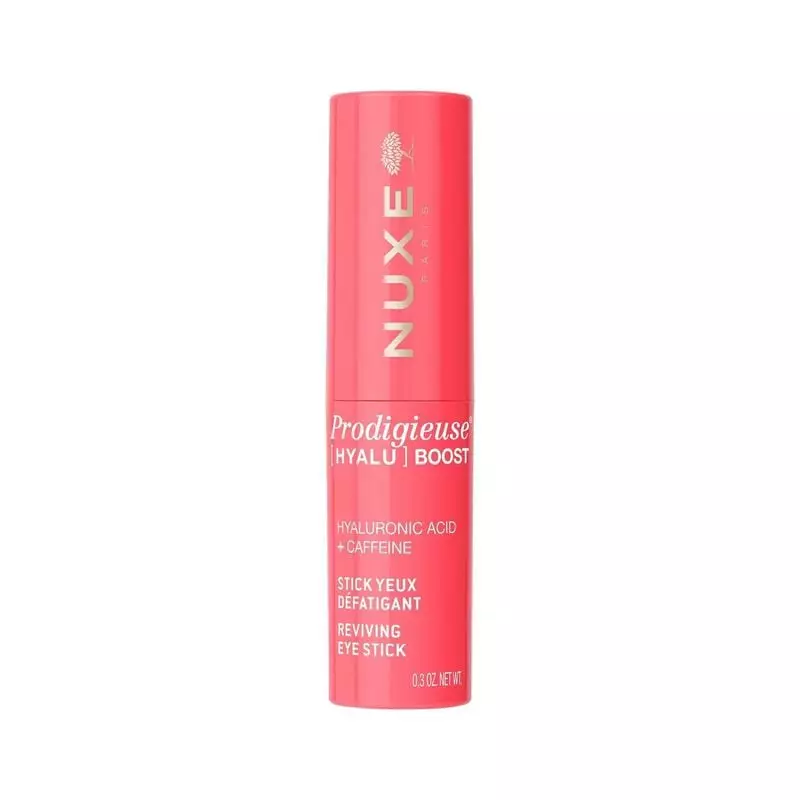 NUXE 685914 Stick Yeux Revitalisant Prodigieuse Hyalu Boost + Caféine en tube rose, vue avant avec é