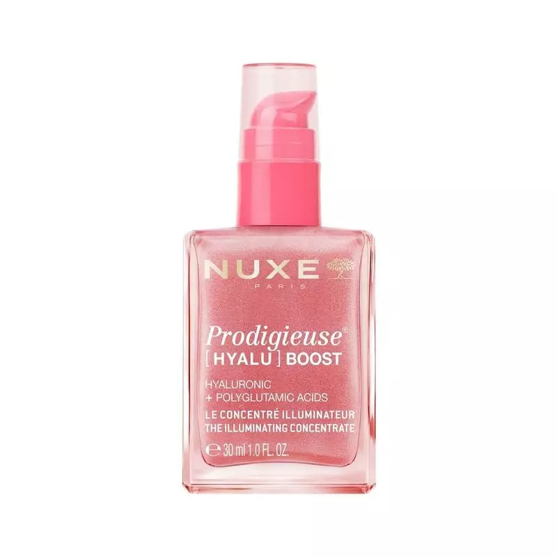 Flacon rose NUXE Prodigieuse Hyalu Boost avec pipette, 30ml, concentré illuminateur pour peau repulp