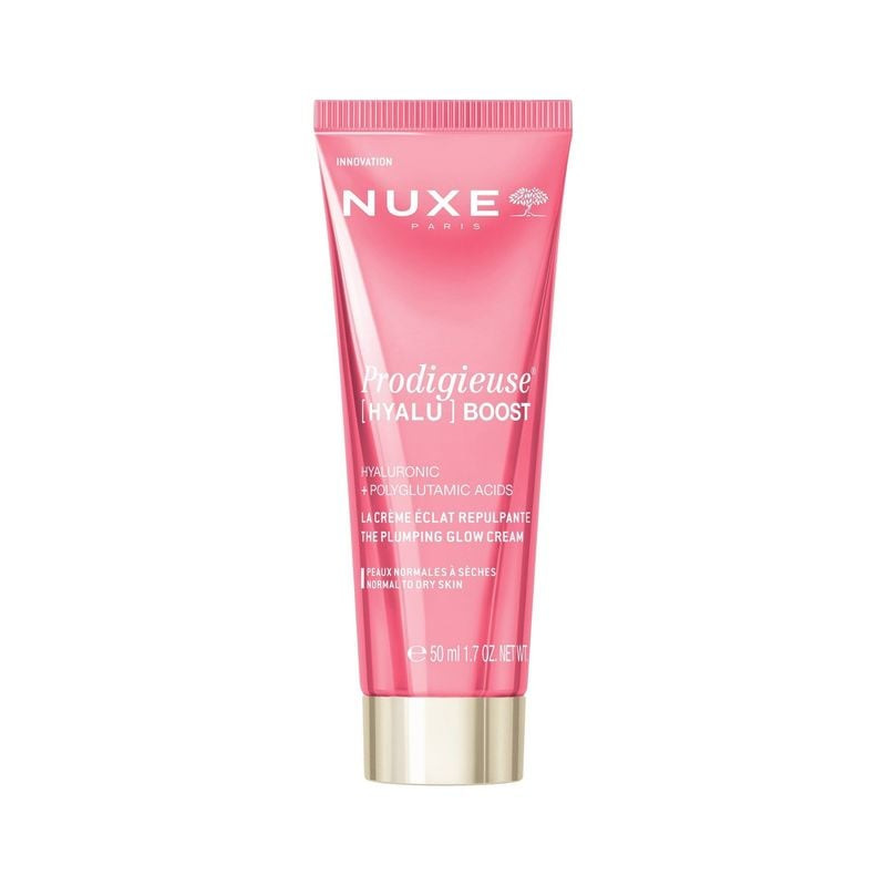 Crème repulpante éclat Prodigieuse Hyalu Boost NUXE en tube rose avec capuchon doré, vue avant montr