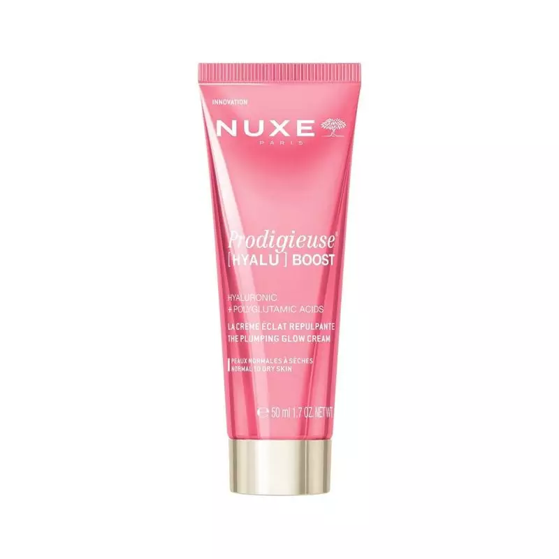 Crème repulpante éclat Prodigieuse Hyalu Boost NUXE en tube rose avec capuchon doré, vue avant montr
