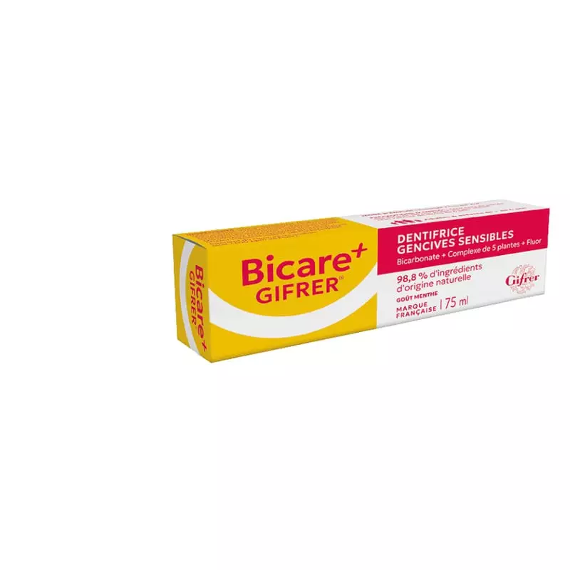 Boîte de dentifrice Gifrer Bicare+ Gencives Sensibles, jaune avec accents rouges, 98,8% ingrédients 