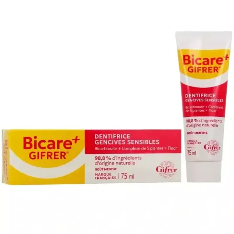Boîte Gifrer Bicare+ Dentifrice Gencives Sensibles avec tube menthe 75 ml et format mini, formule na