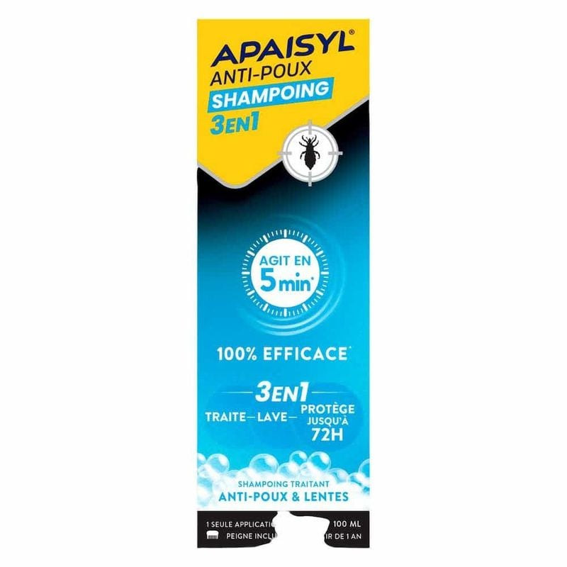 Flacon Apaisyl Shampoing Anti-Poux 3-en-1 100ml vue de côté, branding jaune, texte 100% efficacité, 