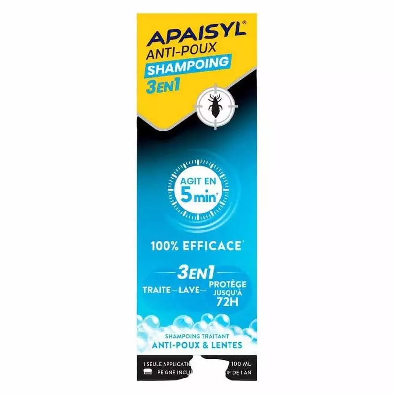 Flacon Apaisyl Shampoing Anti-Poux 3-en-1 100ml vue de côté, branding jaune, texte 100% efficacité, 