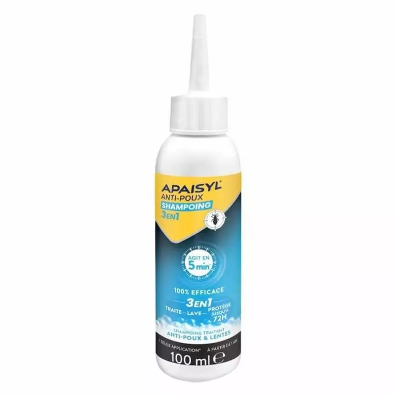 Flacon Apaisyl Shampoing Anti-Poux 3-en-1 100ml, vue avant : bouteille blanche avec étiquette jaune,