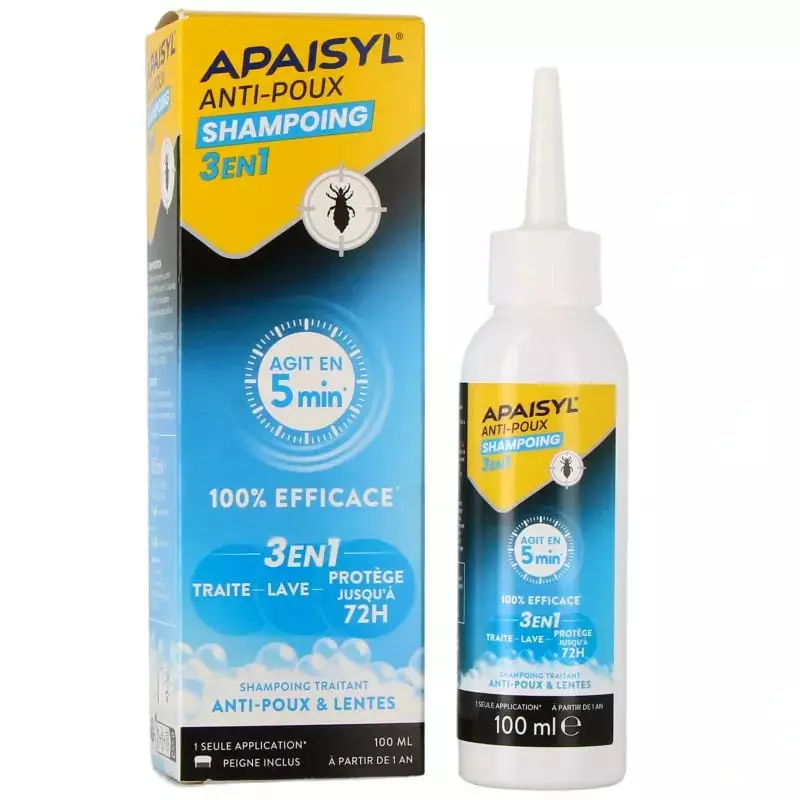 Apaisyl Shampoing Anti-Poux 3-en-1, face avant boîte bleue accents jaunes, 100ml, action 5 min, 100%