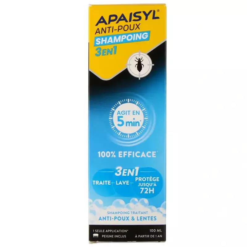 Apaisyl Shampoing Anti-Poux 3-en-1, vue latérale boîte bleue mettant en avant action 5 min, 100% eff