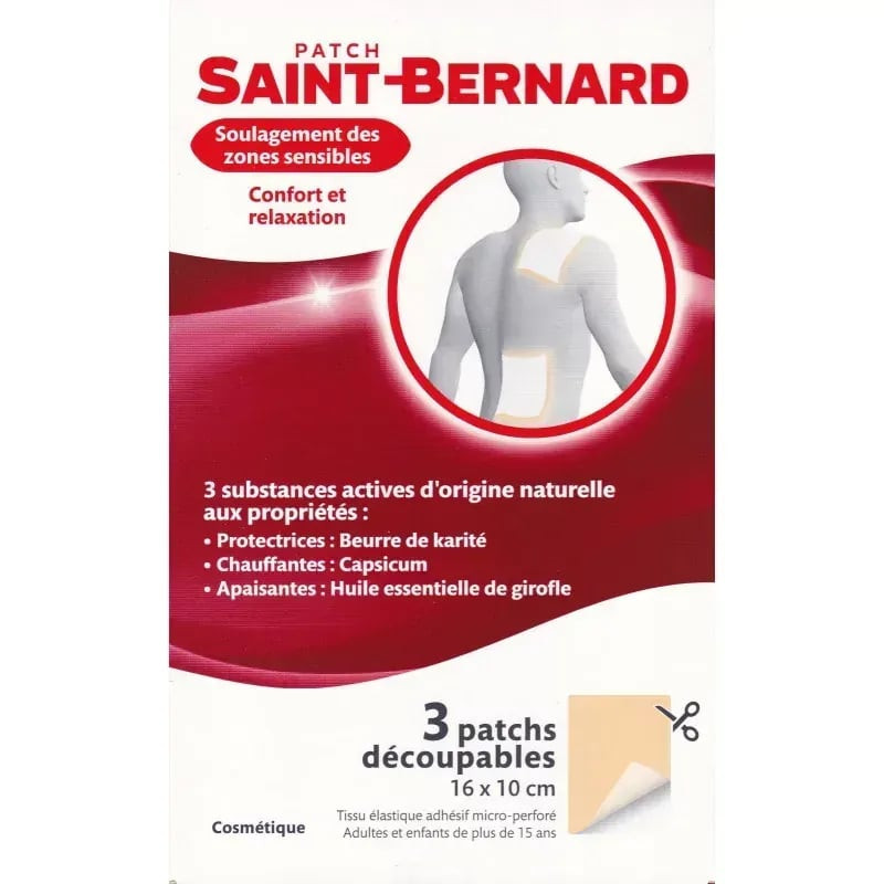 Emballage Patchs Chauffants Saint Bernard Zones Ciblées : 3 patchs découpables (16x10 cm) sur modèle
