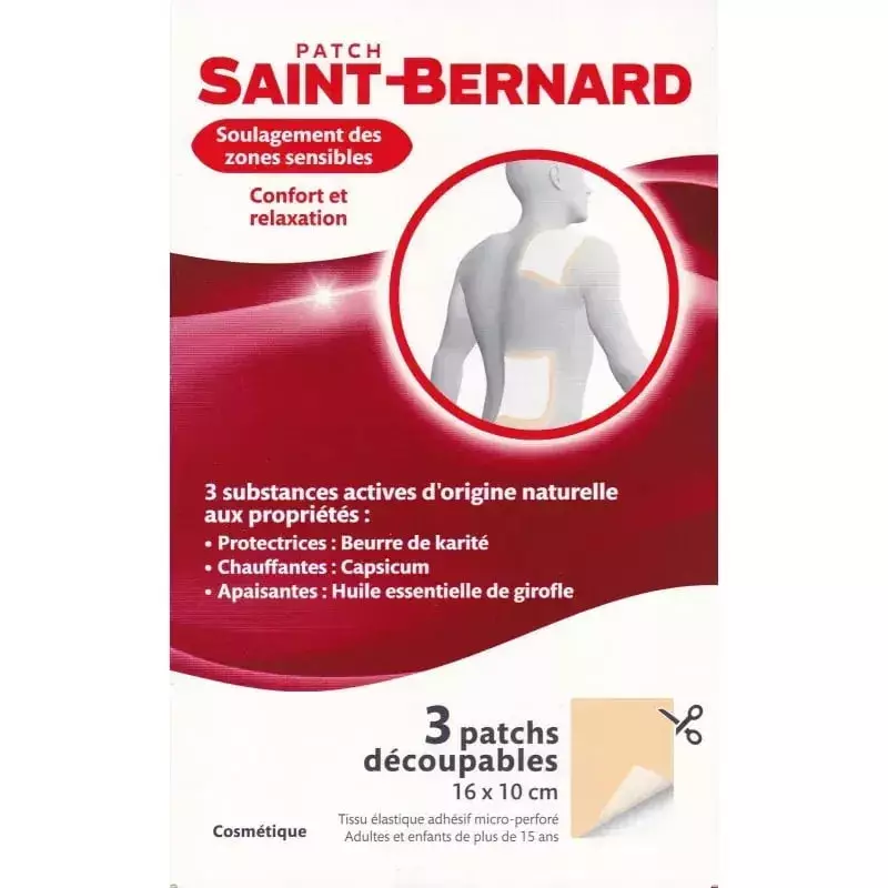 Emballage Patchs Chauffants Saint Bernard Zones Ciblées : 3 patchs découpables (16x10 cm) sur modèle
