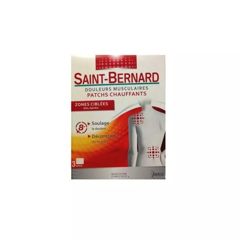 Vue avant de la boîte de patchs chauffants Saint Bernard Zones Ciblées x3 avec illustration sur modè