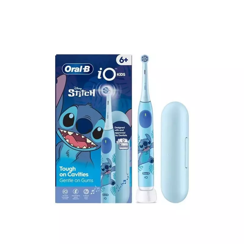 Boîte d'emballage brosse à dents électrique Oral-B iO Kids Stitch : brosse bleue, tête supplémentair