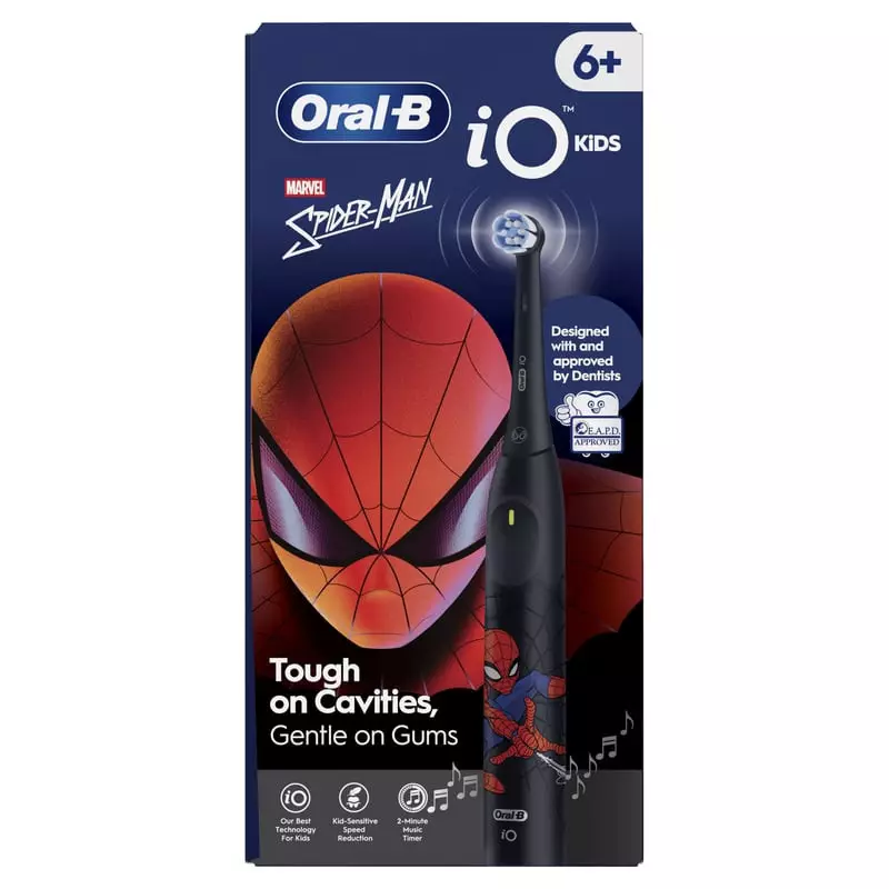 Brosse à dents électrique Oral-B iO Kids Marvel Spiderman, emballage face avant avec graphismes Spid