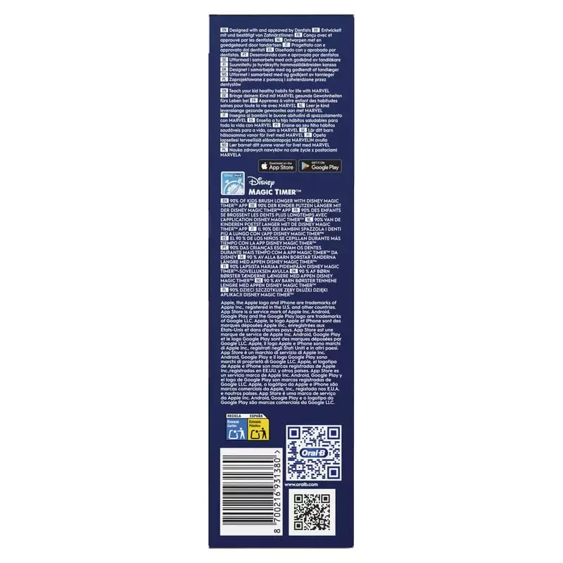 Boîte Oral-B iO Kids Spider-Man, panneau latéral avec instructions multilingues, icônes app, Magic T