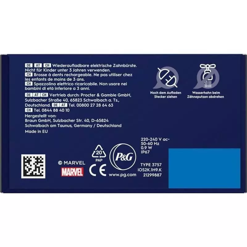 Boîte de brosse à dents Oral-B iO Kids : avertissements multilingues, specs voltage, logo Marvel et 